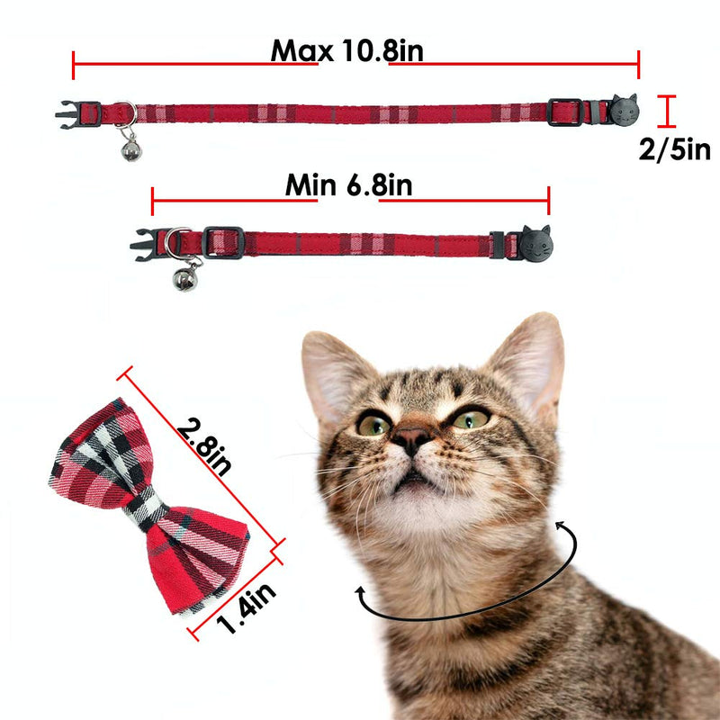 Cat Collar Breakaway with Bell and Bow Tie, Plaid Design Adjustable Safety Kitty Kitten Collars(6.8-10.8in) Red Plaid 1 - PawsPlanet Australia