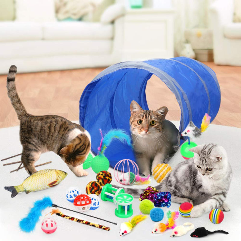 Vanplay Cat Toys 32Pcs include Cat Fish Toy Cat Tunnel Wood Sticks Feather Wand Catnip Mouse & Balls, Interactive Kitten Toys for Indoor Cats - PawsPlanet Australia