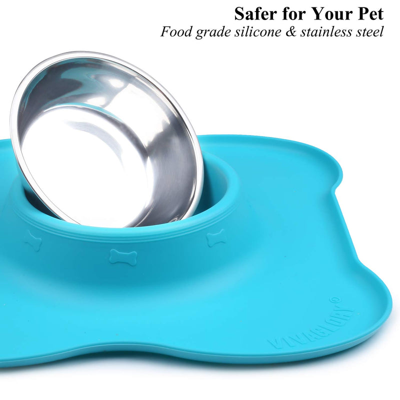 [Australia] - Vivaglory Dog Bowls Set, 2 Pack Puppy Bowls with Non Spill Silicone Mat and Food Grade Stainless Steel Water and Food Feeding Bowl for Kitty Puppy Cat Dog 6½ OZ ea. Turquoise 