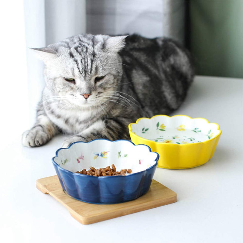 HCHLQLZ Navy Blue Ceramic No Spill Cat bowl dog bowls pet dish for food and water with wood base stand - PawsPlanet Australia