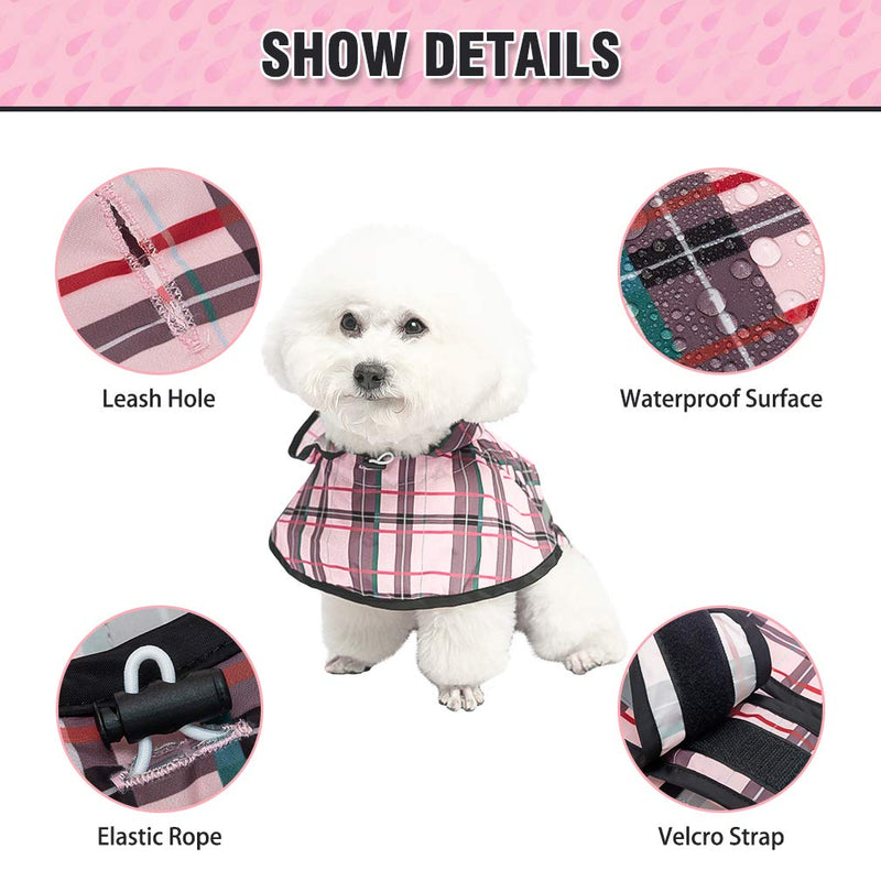 BINGPET Plaid Dog Raincoat - Hooded Waterproof Pet Poncho with Reflective Strap, Lightweight Dog Rain Coat Jacket with Leash Hole, Fit for Small Medium Dogs, Pink - PawsPlanet Australia