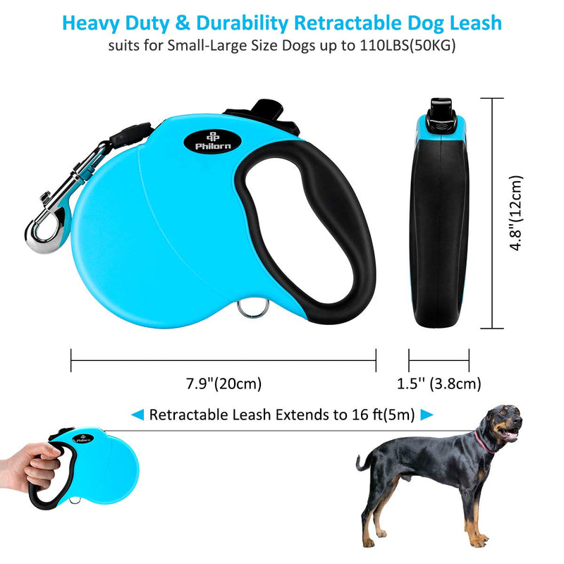 [Australia] - PHILORN Retractable Dog Leash, Heavy Duty 16.4ft Extendable Dog Lead, Tangle Free, One-Handed Brake, Anti-Slip Handle Reflective Extending Dog Walking Leash for Small to Large Pet up to 110lbs Blue 