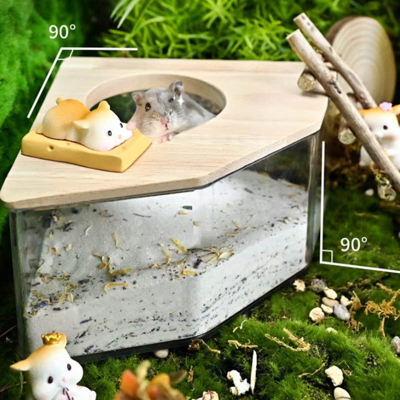 Pssopp Hamster Bath Box Right Angle Fan Acrylic Safe Hamster Sand Bathroom with Natural Wood Cover for Mice or Other Small Pet Hamster - PawsPlanet Australia