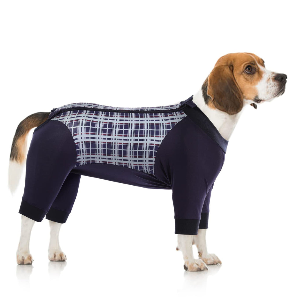 SAWMONG Plaid Dog Surgery Recovery Suit, Long Sleeved Dog Recovery Suit for Skin Diseases Abdominal Wounds, Soft Dog Pajamas Anti-Hair Loss Tights with Zipper, E Collar & Cone Alternative X-Large Blue Plaid - PawsPlanet Australia