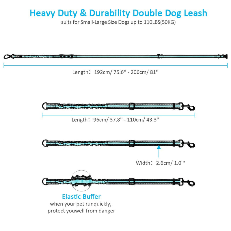 PHILORN Hands-free triple Dog Lead Splitter - Adjustable, Detachable - Shock Absorbing Bungee Leads No Tangle Lead for Walking 3 Dogs (Blue) - PawsPlanet Australia