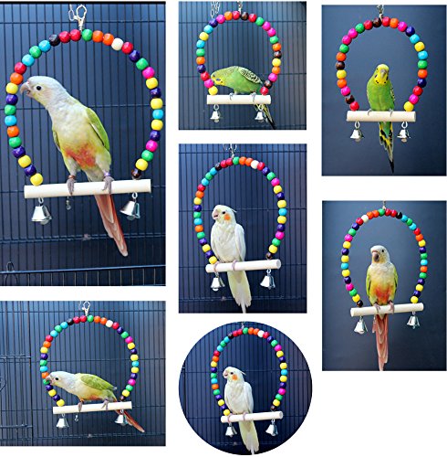 [Australia] - QBLEEV Wooden Bird Swings Toy with Hanging Bells for Cockatiels Parakeets, Cage Accessories Decorating Birdcage or Wood Parrot Perch Stand Play Gym for Small Medium Budgies Finches Conures 5.9”(L)x7.8”(H) 