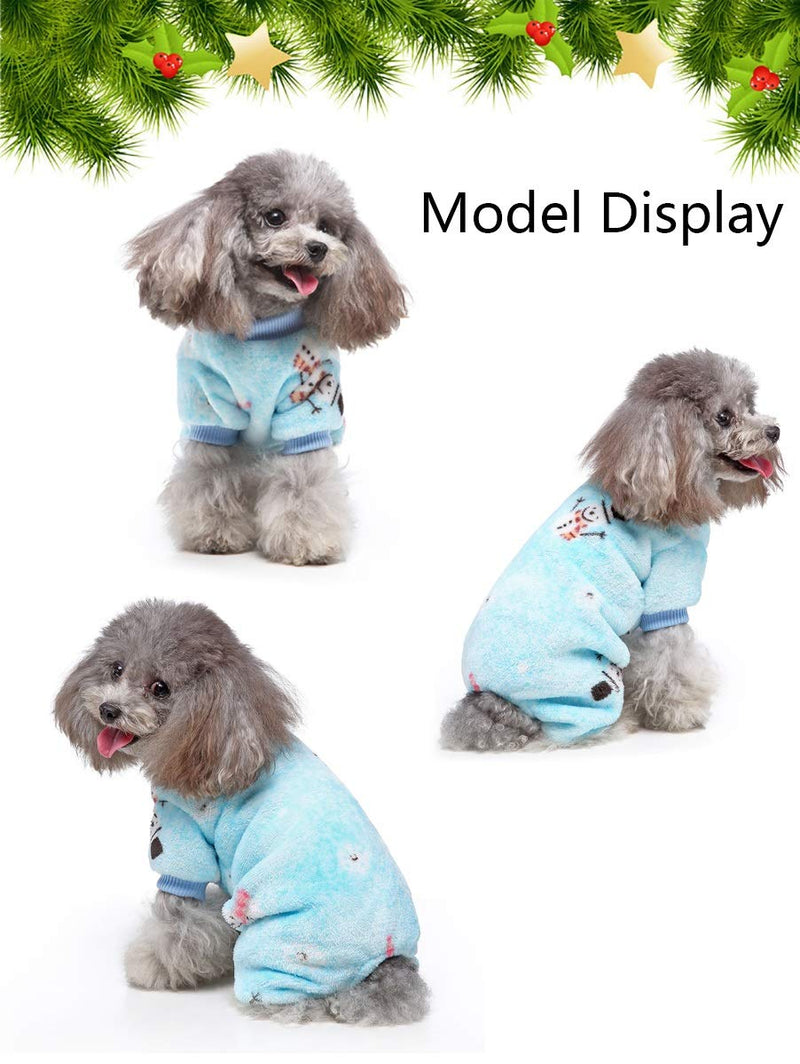 [Australia] - Vehomy Christmas Dog Pajamas with Snowman Pattern- Soft Coral Fleece Pet Winter Pajamas Dog Cat Onesies Jumpsuit Pjs Warm Sweater Clothes for Small Dogs and Cats S Blue 