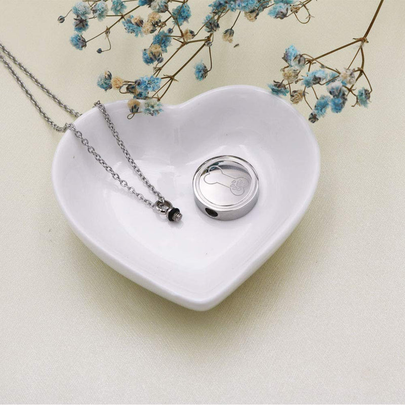 [Australia] - Pet Ashes Necklace 20mm Round Shape Stainless Steel Memorial Urn Jewelry Etching Paw Print & Dog Bone Cremation Pendant Silver 