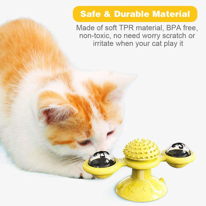 Abnaok Catnip Toy for Indoor Cats Interactive, Windmill Cat Toy Kitten Toys with Led Ball and Catnip Ball, Wall Mount Cat Brush (Yellow) Yellow - PawsPlanet Australia