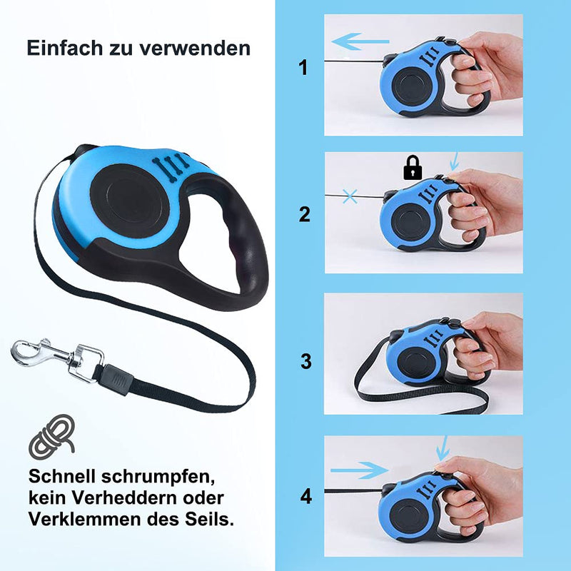 Dog leash, retractable dog leash, extendable dog leash, for small, medium and large dogs, blue, 5 m - PawsPlanet Australia