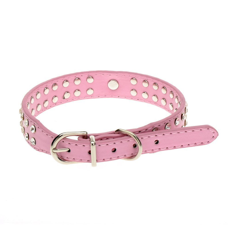 [Australia] - Wowlife Top Pet Dog Leash 2 Rows Rhinestone Bling Heart Studded Leather Dog Collar for Pet Colla S Pink 