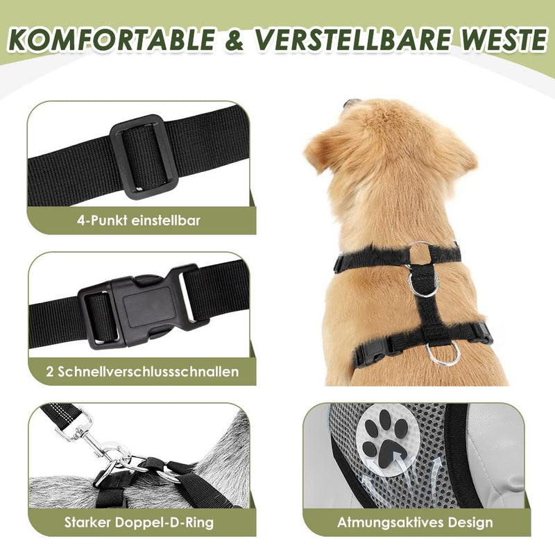 SlowTon Dog Harness with Seat Belt for Car, Breathable Harness Dog, Seat Belt with 2 Carabiner Hooks for Attaching to Seat Belt Buckle or Trunk (Grey, M) B-Grey - PawsPlanet Australia