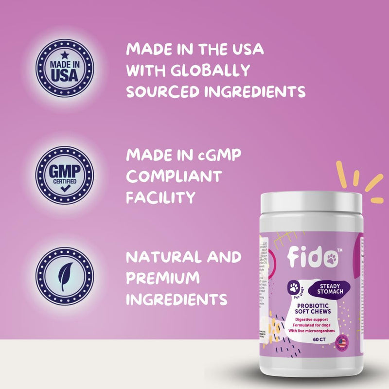 Fido - Steady Stomach Probiotic Soft Chews - Digestive Health for Dogs with Sensitive Stomachs - Made in The USA - 60 Soft Chews - PawsPlanet Australia