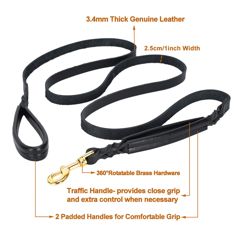 TIDING Genuine Leather Dog Leash 6 ft Double Handle Padded Traffic Handle for Extra Control Strong Braided Training Walking Lead Large Breed Medium Small Pet 6ft - PawsPlanet Australia