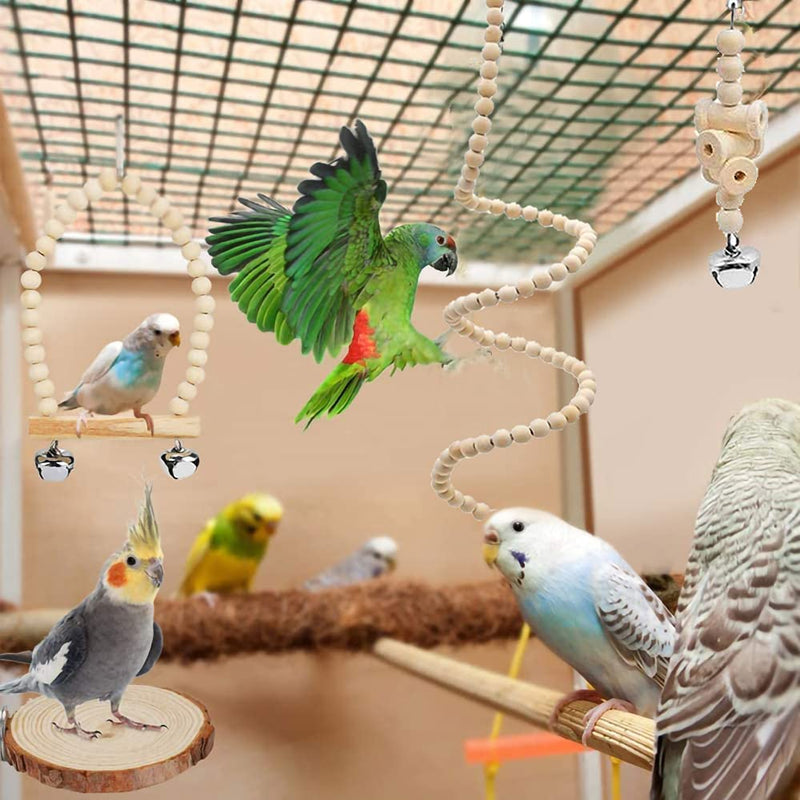 TOLMIOW 9 Pieces Parrots Chewing Natural Wood and Rope Bungee Bird Toy for Anchovies, Coconut Hideaway with Ladder ,Bird Perch Stand, Bird Cage Accessories, Parakeets, Cockatiel, Conure, Mynah, Macow - PawsPlanet Australia