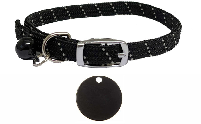 Cat / Kitten Reflective Softweave Collar with Safety Elastic, Bell with Optional Personalised Tag (Black, 22mm Anodised Tag) Black - PawsPlanet Australia