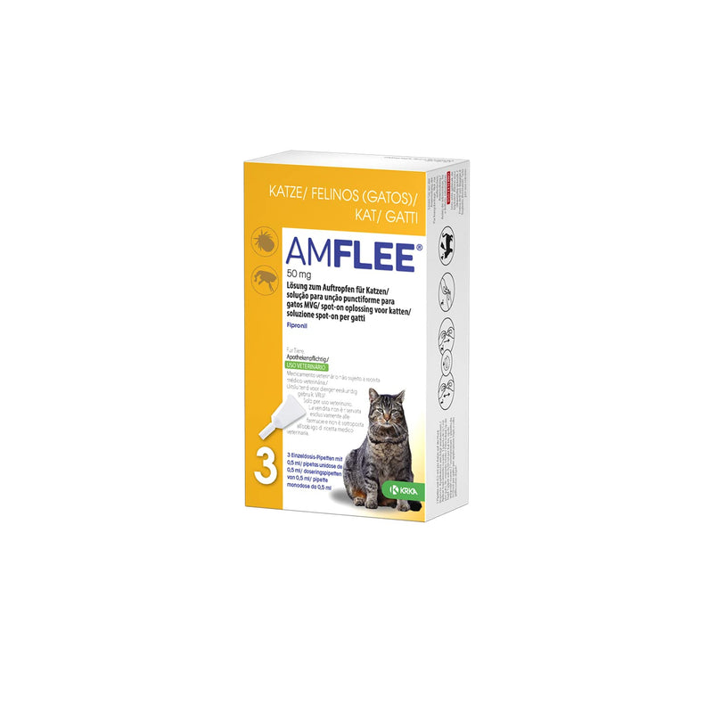 Amflee Spot On for Cats Against Fleas & Ticks, Fipronil, 50 mg spot-on solution, with 3 single-dose pipettes - PawsPlanet Australia