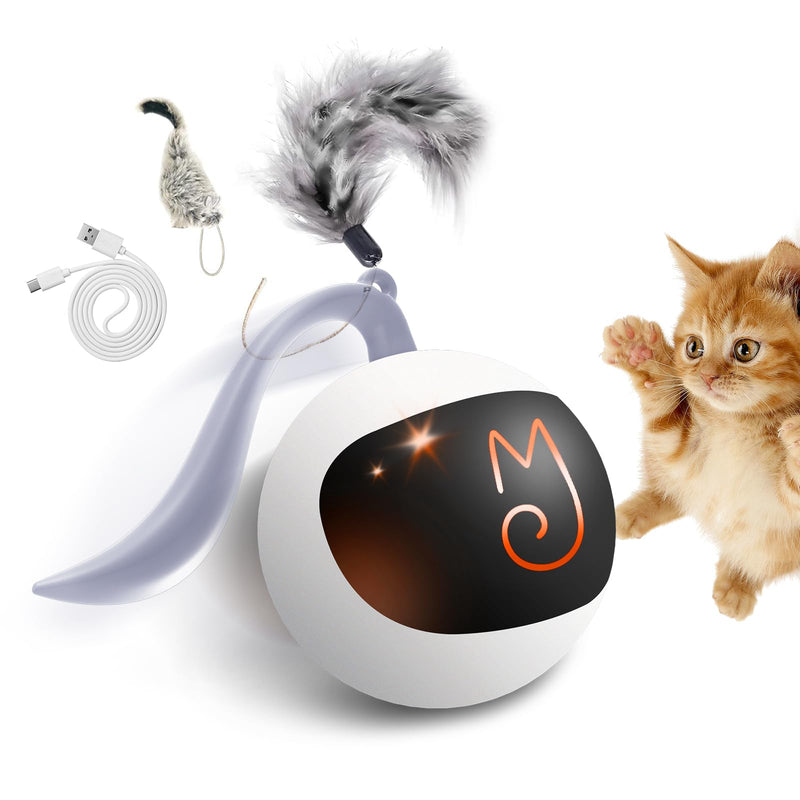 Migipaws Cat Toy, Electric Moving Ball, Plush Mice and Feathers as Additional Toys, DIY N in 1 Pets Intelligent Automatic Teaser, USB Rechargeable (White) White - PawsPlanet Australia