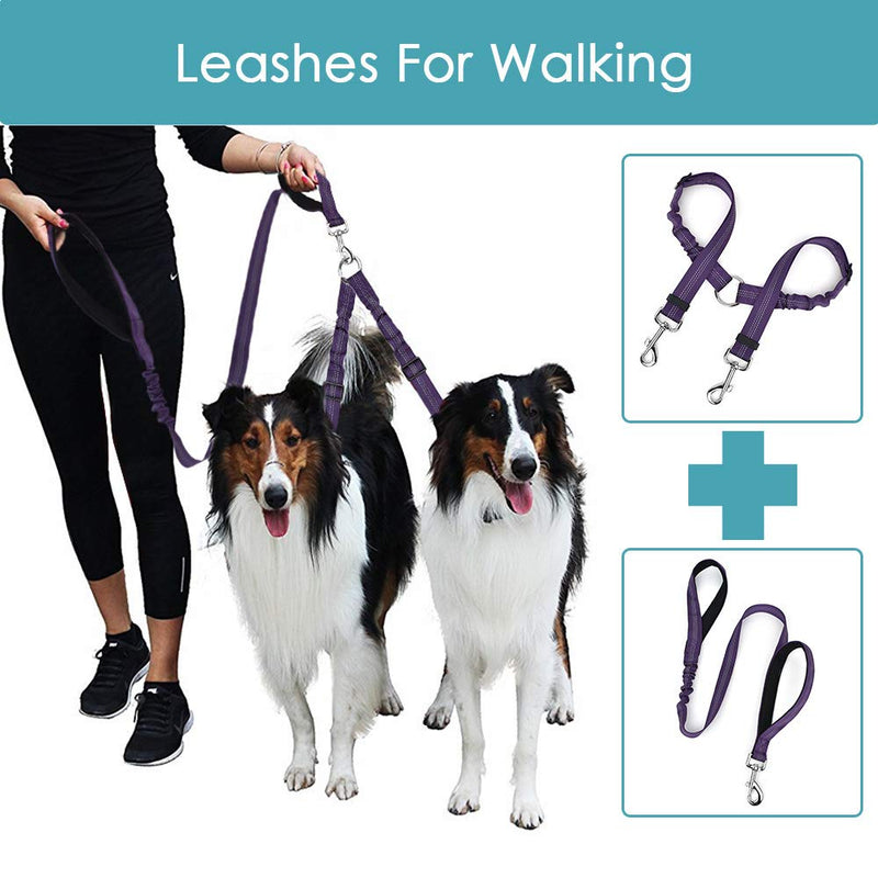 [Australia] - SlowTon 2 in 1 Double Dog Leash + Car Seat Belt, 360° Swivel Dual Dog Lead and Vehicle Safety Seat Belt with Elastic Bungee and Reflective Stripe for Two Pets Purple 