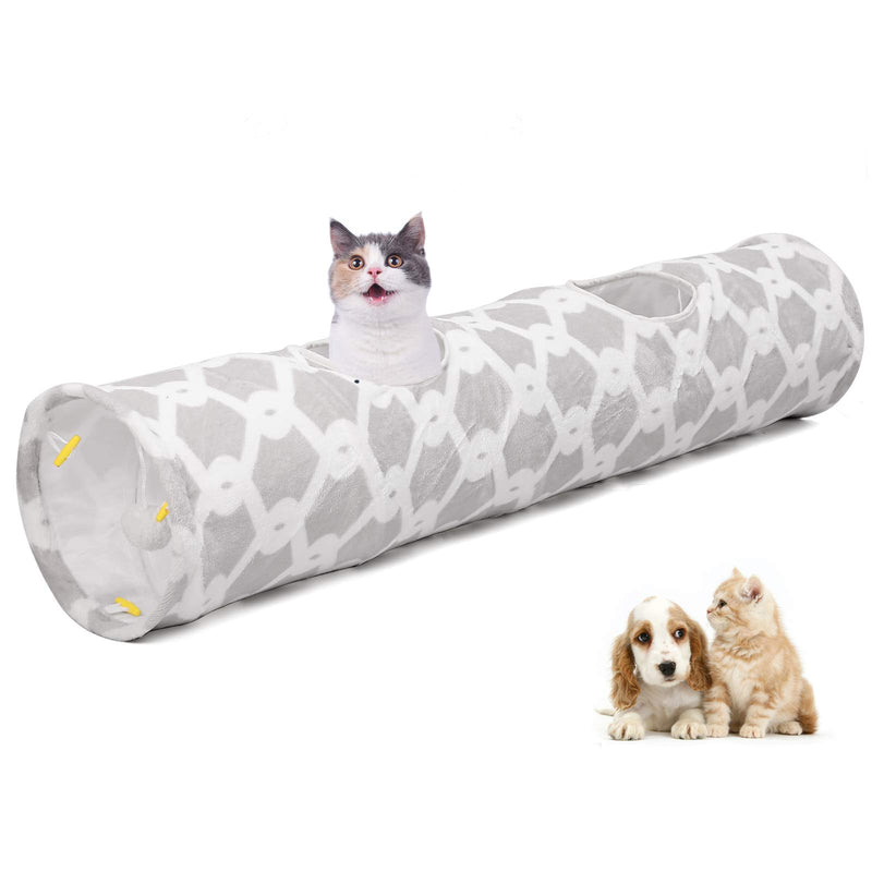 LUCKITTY Large Cat Toy Collapsible Tunnel Tube with Plush Balls, for Small Pets Bunny Rabbits, Kittens, Ferrets,Puppy and Dogs Grey-White - PawsPlanet Australia