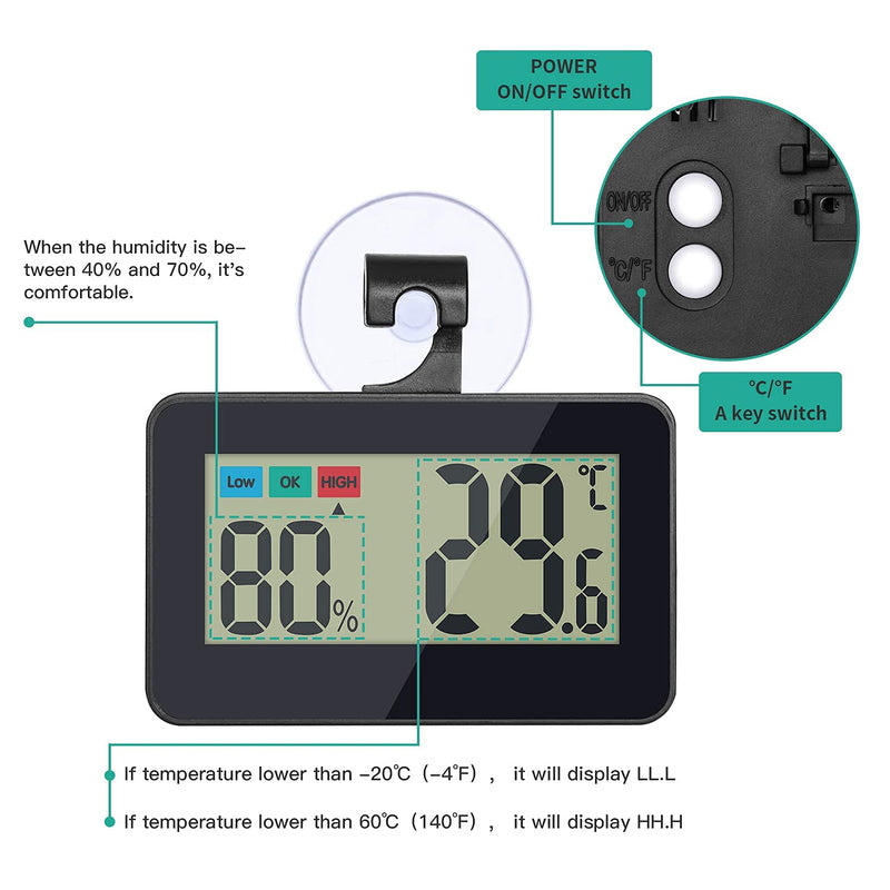 Reptile Thermometer Hygrometer Reptile Terrarium Thermometer Hygrometer Digital Display Pet Rearing Box Reptiles Tank Thermometer Hygrometer with Suction Cup and Hook (Black) Black - PawsPlanet Australia