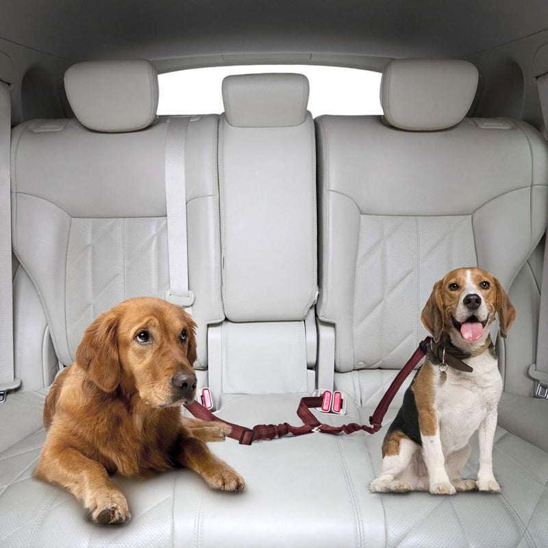 Nasjac Double Dog Seatbelt, Dual Pet Car Seat with Elastic Bungee and Reflective Stripe No Tangle Safety Belt Adjustable Dog Coupler Lead Splitter in Vehicle Red - PawsPlanet Australia