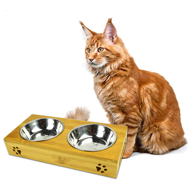 MIGHTYDUTY Raised Pet Bowls Food and Water with 2 Stainless Steel Bowls Dog Cat Elevated Bamboo Non-Slip Stand Feeder Dishes L - PawsPlanet Australia