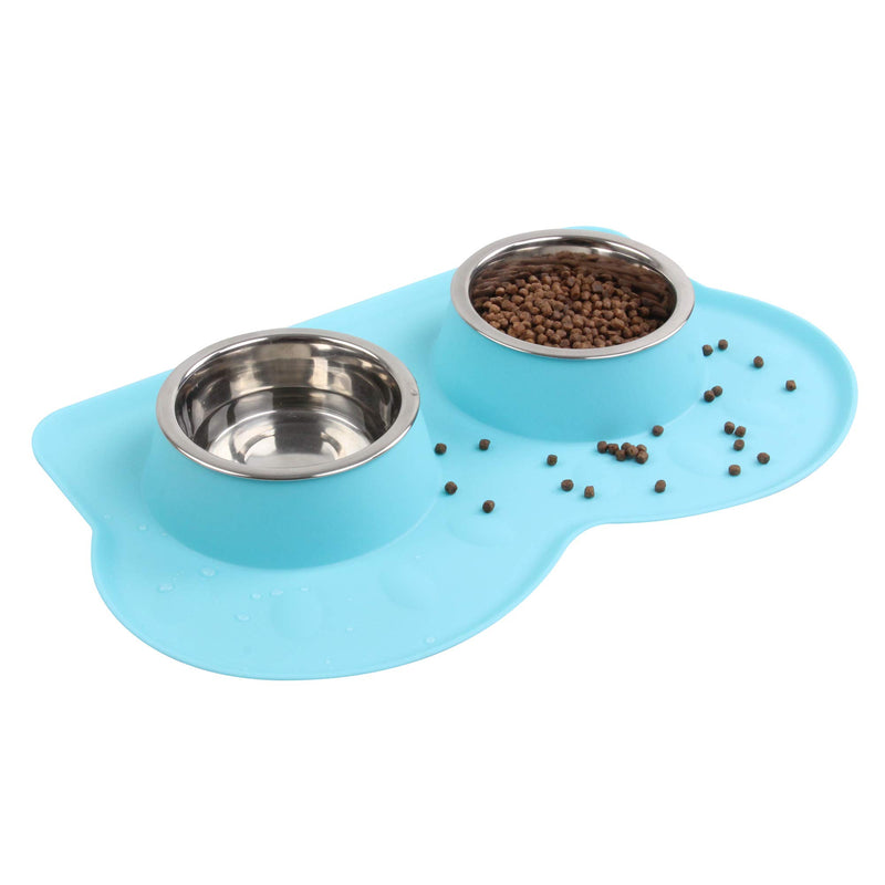 [Australia] - Pet Food and Water Bowls with 2 Stainless Steel Bowl & No Spill Non-Skid Silicone Mat Dog Double Feeding Bowl (350ml x 2) Blue 