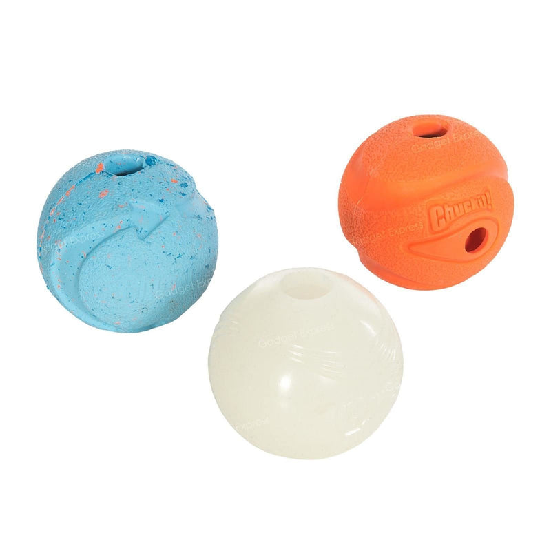 Chuckit! 3 Pack Dog Assorted Balls Glow in the Dark, Bounce and Whistle Fetch Toy Medley - Medium - PawsPlanet Australia