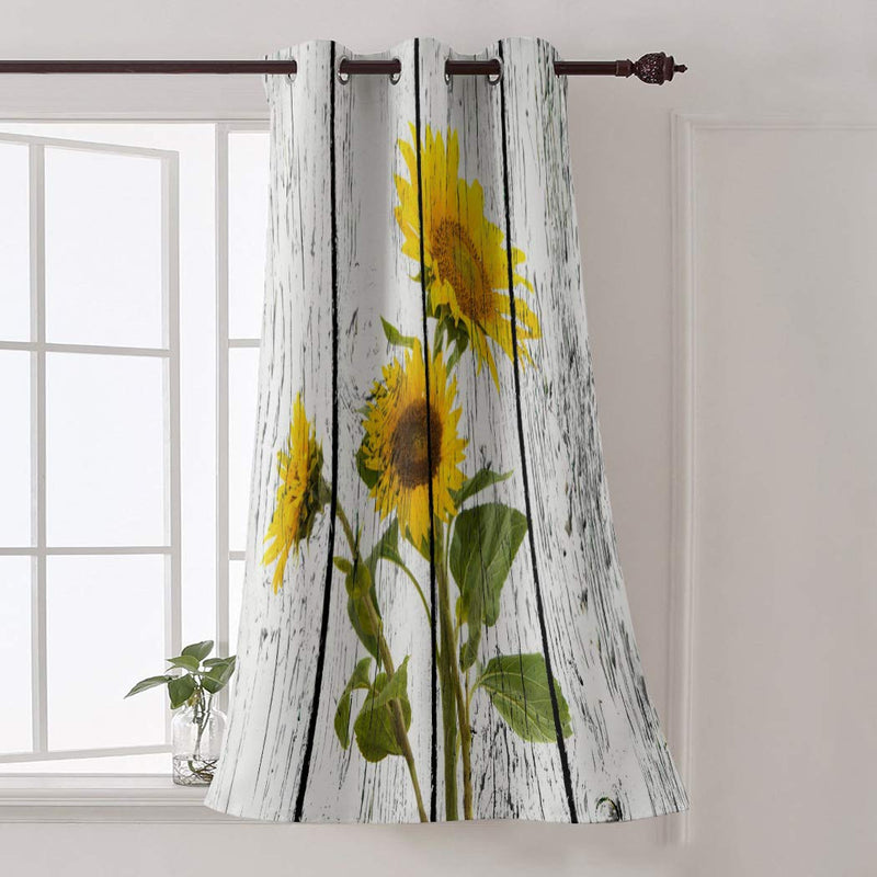 WARM TOUR Window Curtain Panel Rustic Sunflower Floral Vintage Wood Grain Printing Decor Durable Drapes for Bedroom Kitchen Living Room Yellow White 52''W×52''H Sunflowerfpd2422 - PawsPlanet Australia