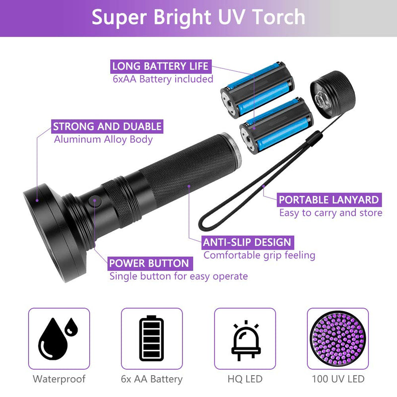 Coquimbo UV Torch 100 LED, Black Light UV Flashlight Ultraviolet Torch Pet Urine Stain Detector, Super Bright Blacklight Detector for Pet Stains, Bed Bug, Carpet, Floor (6 x AA Batteries Included) - PawsPlanet Australia