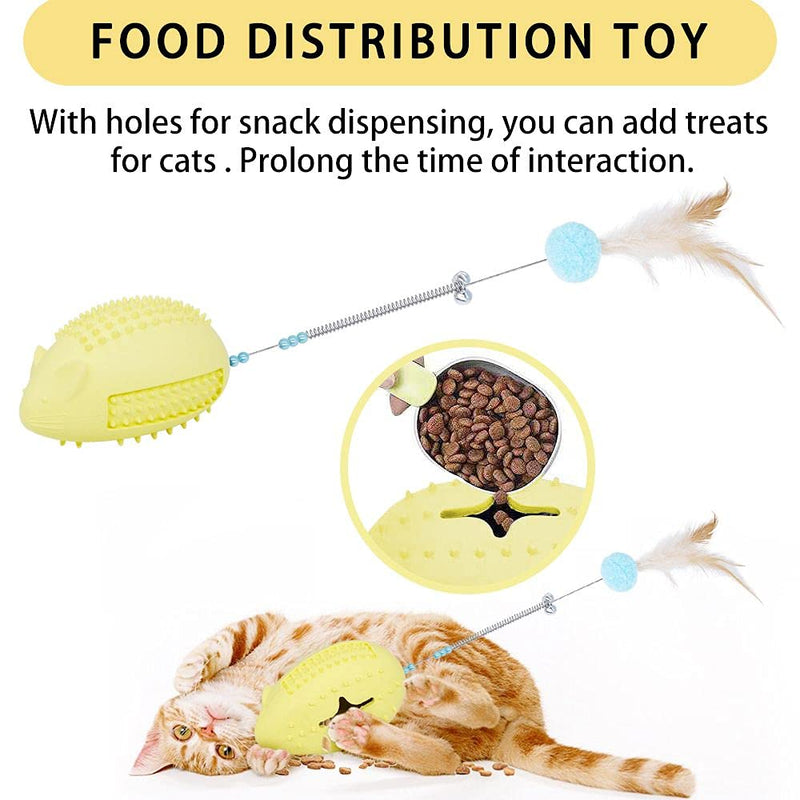 Petdexon Catnip Toys for Indoor Cats,5 in 1 Interactive Puzzle Mouse Cat Chew Toys, Cat Feather Teaser Toy with Spring Bell,Rubber Food Dispenser Toy, Kitten Toys for Massage Scratching,Yellow - PawsPlanet Australia