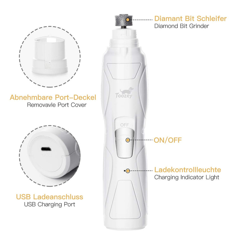 Toozey Dog Nail Grinders Rechargeable - Dog Nail Clippers 14W Powerful Motor and Safe Smooth Trimming, Two Speed Claw Shears for Dogs & Cats, White - PawsPlanet Australia