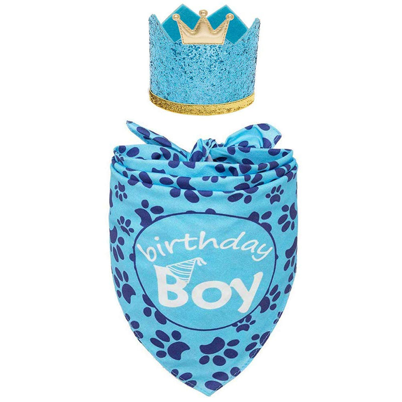 Dog Birthday Bandana with Crown Hat - Triangle Scarfs and Cute Party Hat for Pets, Blue - PawsPlanet Australia