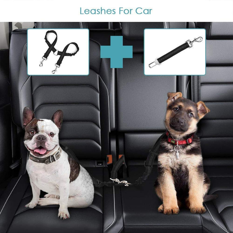 Lukovee Double Dog Seatbelt with Leash Set, Dual Detachable Pet Car Seatbelt Pet Lead Adjustable Elastic Reflective Stripe Black - PawsPlanet Australia