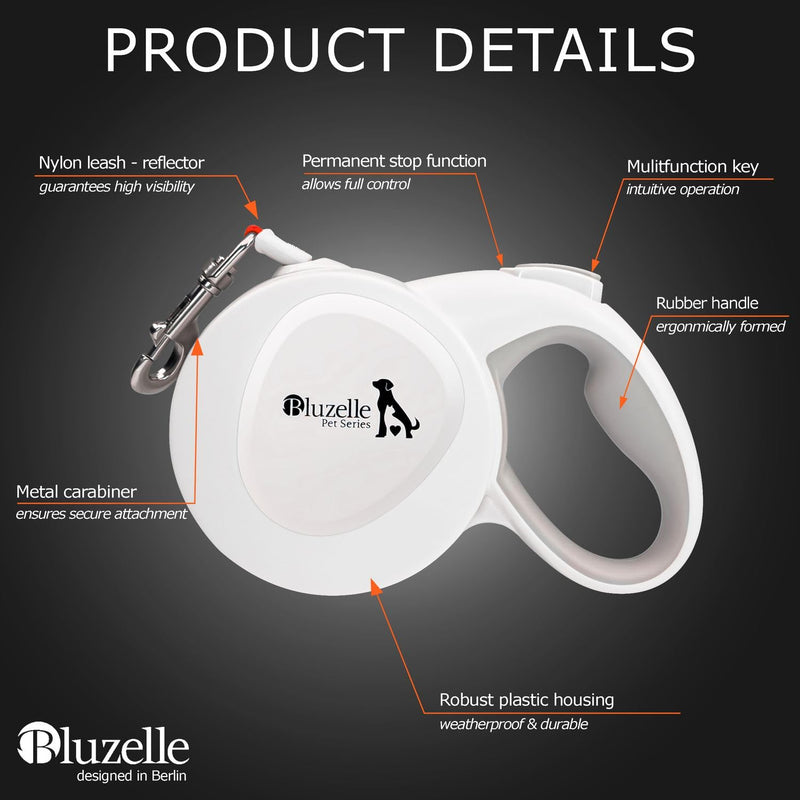 bluzelle 8m long dog leash for dogs up to 50kg, flexible retractable leash, neon orange, bright reflector strap with 360° metal carabiner hook, ergonomic handle, gray rubberized & retraction brake, white - PawsPlanet Australia