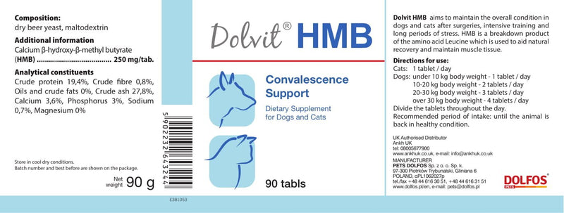 PETS Dolfos Dolvit HMB 90 tablets Convalescence Support Natural Recovery for Muscle Tissues for DOGS and CATS - PawsPlanet Australia