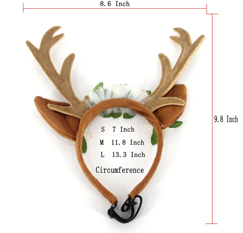 Hillento Dog Elk Antler Reindeer Hat Cap Dog Cat Pet with Flowers Christmas Reindeer Antlers Ears Wearable for Small/Medium/Large Dogs, M M(for medium dog) Brown - PawsPlanet Australia