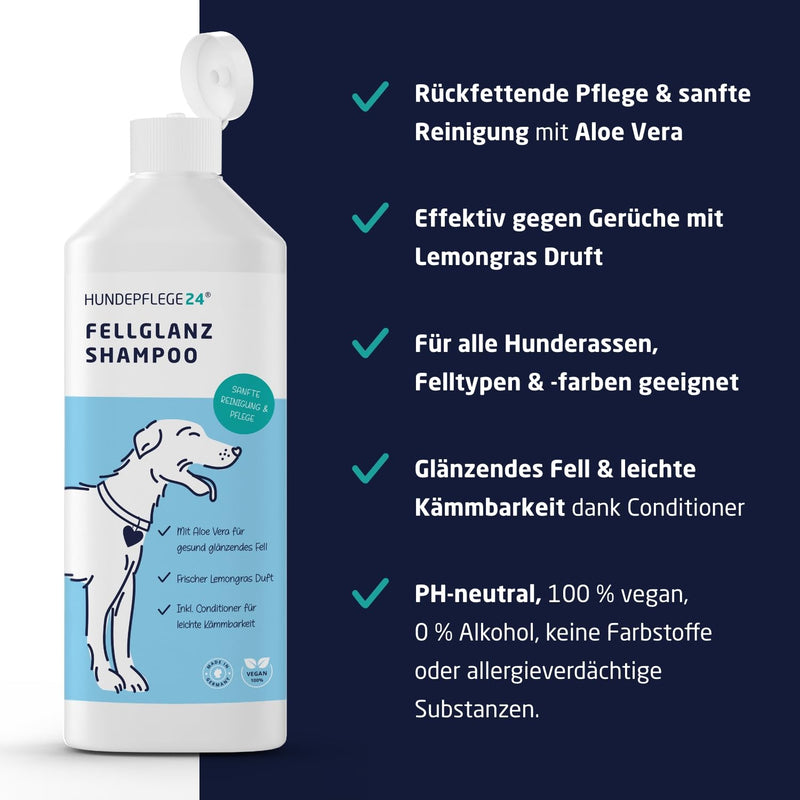 HUNDEPFLEGE24 Dog Shampoo Coat Shine & Dog Conditioner 500ml - For healthy, shiny fur & better combability with Aloe Vera - Moisturizing, gentle cleaning & care for every dog breed - PawsPlanet Australia