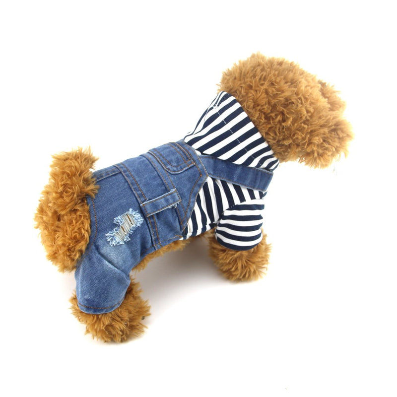 [Australia] - DOGGYZSTYLE Pet Dog Cat Clothes Blue Striped Jeans Jumpsuits One-Piece Jacket Costumes Apparel Hooded Hoodie Coats for Small Puppy Medium Dogs M(Chest 15.74'' x Back 11.02'') 