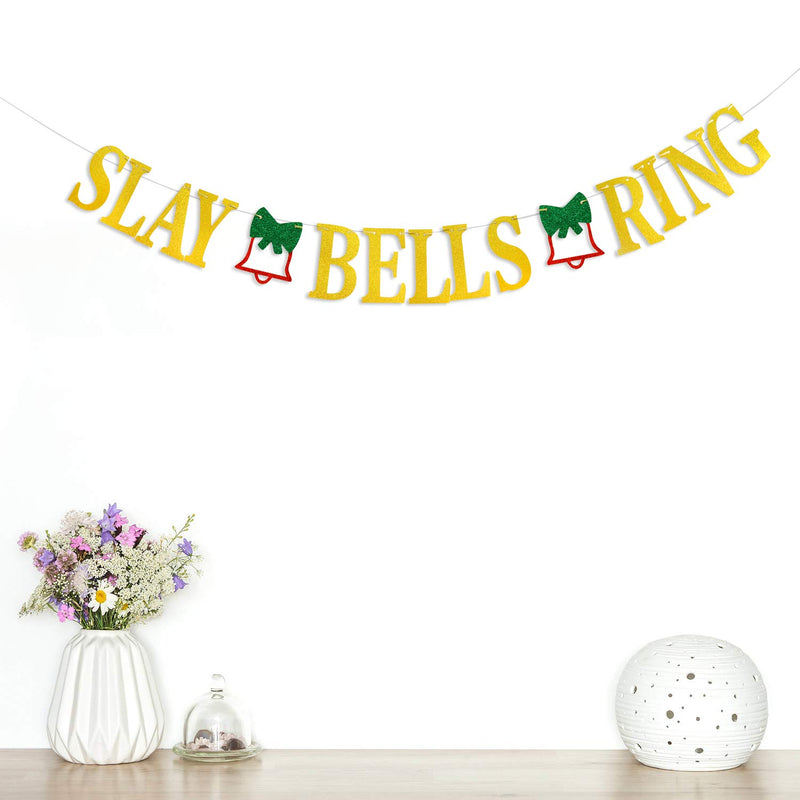 Gold Glitter Slay Bells Ring Banner - Christmas Holiday New Years Eve Bunting Garlands, Xmas Mantel Home Indoor Party Decorations Supplies - PawsPlanet Australia
