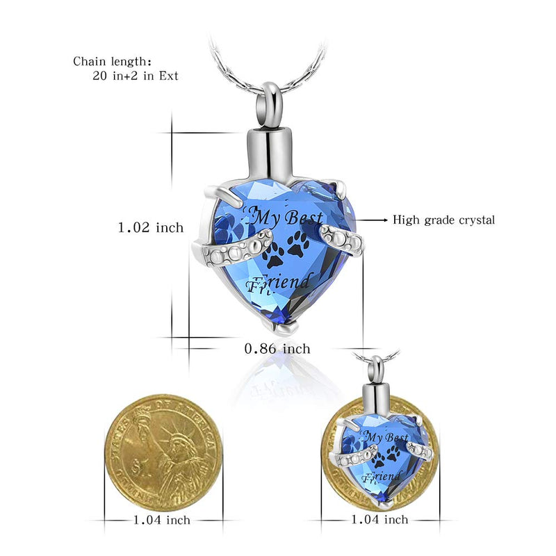 constantlife Cremation Jewelry for Ashes, My Best Friend Heart Shape Memorial Urn Necklace Stainless Steel Crystal Pendant Ashes Holder Keepsake Silver+Dark Blue - PawsPlanet Australia