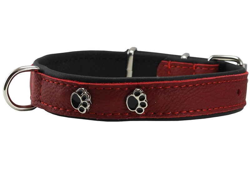 [Australia] - Genuine Red Leather Metal Paw Studs Soft Red Leather Padded Dog Collar 5/8" Wide. Fits 10"-12" Neck. 