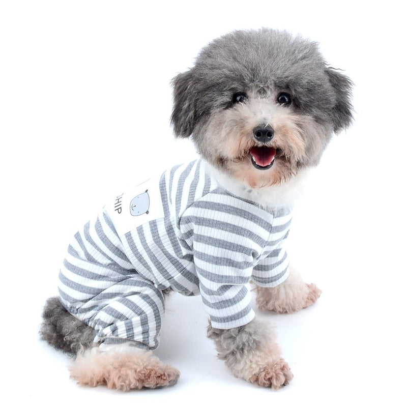 [Australia] - Ranphy Small Dog Stripe Pajamas Comfy Cotton Pet Clothes Puppy Outfit Cat Apparel Doggy Pyjamas PJS Shirt Yorkie Jumpsuit Boys Girls (Size Runs Small One to Two Size Than US Size) M(Neck: 10",Back: 9.5",Chest: 14.5"） Grey 