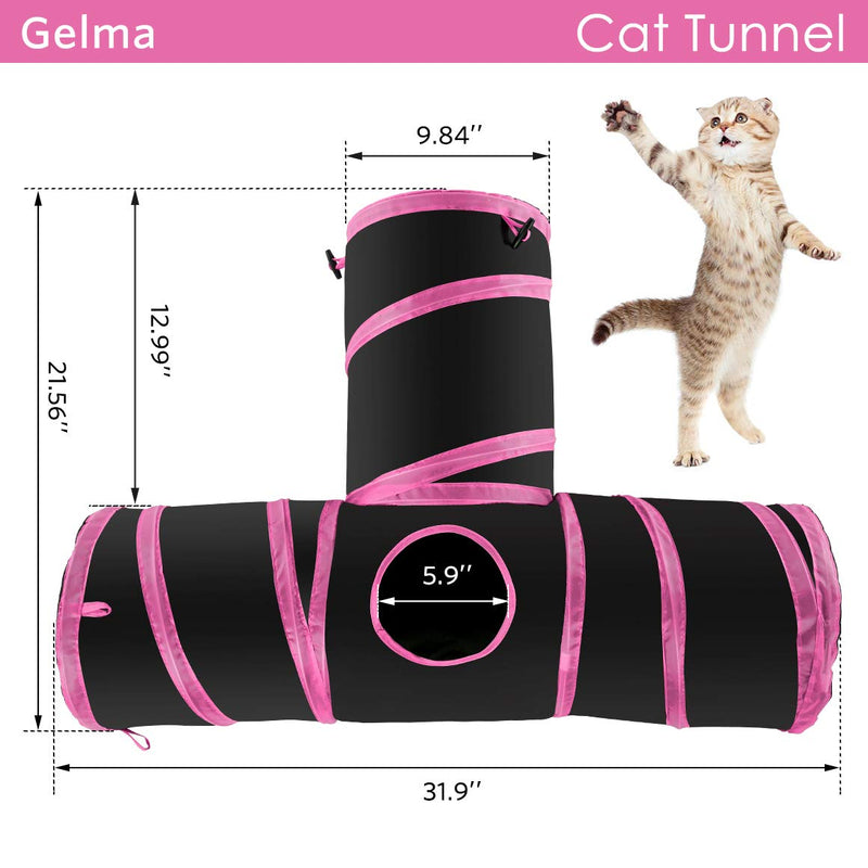 Gelma Cat Tunnel, Cat Tunnels for Indoor Cats, Tube Cat Toys 3 Way Collapsible, Kitty Tunnel Bored Cat Pet Toys Peek Hole Toy Ball Cat, Puppy Black & Pink - T Style Tunnel - PawsPlanet Australia