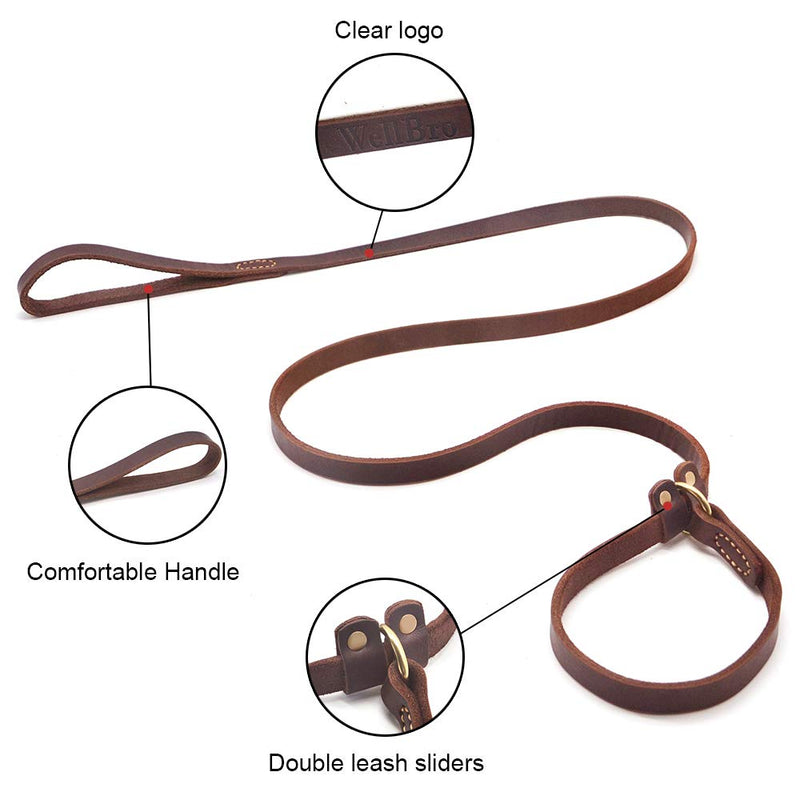 [Australia] - Wellbro Real Leather Slip Lead Dog Leash, Adjustable Stitched Pet Slip Leads with Slider, Heavy Duty Flat Dog Training Leashes for Medium and Large Dogs,Brown 5 Feet 