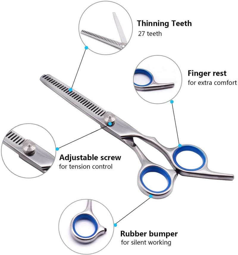 SUMCOO Dog Grooming Scissors with Safety Round Tips, Heavy Duty Titanium Stainless Steel Professional Pet Grooming Trimmer Kit-Thinning Curved, Straight Shears with Comb for Dogs and Cats - PawsPlanet Australia