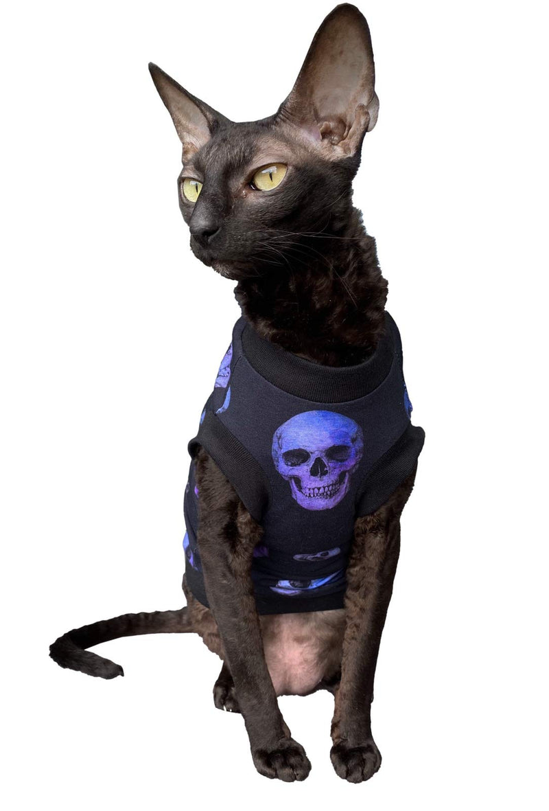 Kotomoda Hairless Cat's cotton stretch T-shirt Purple Sculls for Sphynx Cats (XS) XS - PawsPlanet Australia