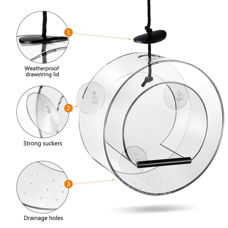 POPETPOP Window Bird Feeder with 3 Extra Strong Suction Cups, Acrylic Round Bird House Seed Tray for Outdoor - PawsPlanet Australia