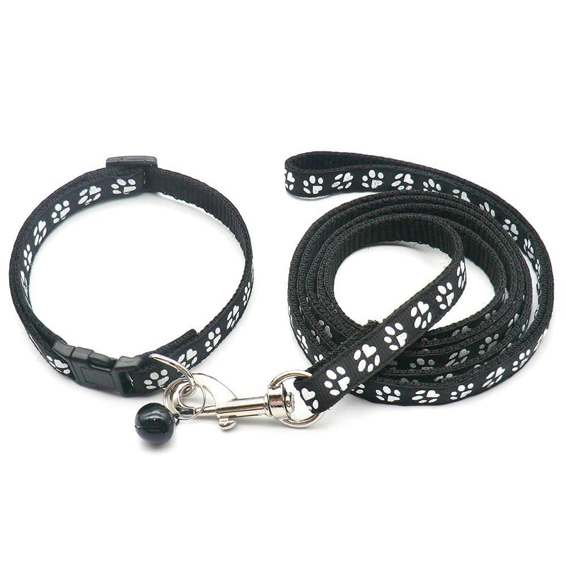 Doggie Style Store Small Dog Puppy Pet Cat Kitten Collar and Lead Set Pawprint Colours Nylon with Bell Adjustable Quick Release Clip Buckle Leash Black - PawsPlanet Australia